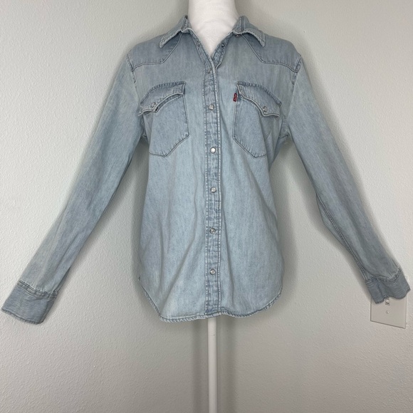 Levi's Classic Light Washed Denim Button Down Shirt Long Sleeves Western Med - Picture 6 of 16